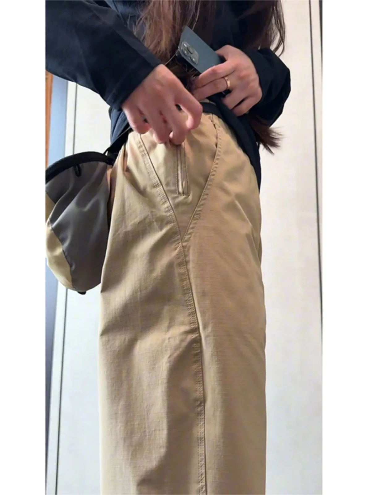 

Khaki Fce Lined Work Trousers Women's Slim Fit Spring Autumn Windproof Trousers Utili Pants Casual Straight Leg Trousers