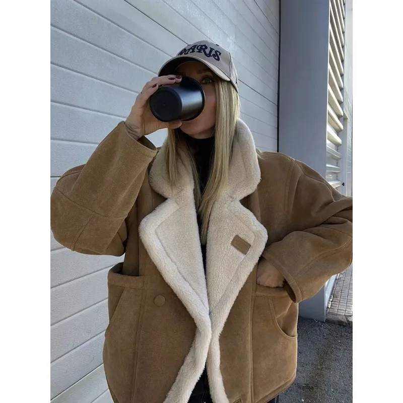 Fashion Oversize Loose Lamb Jacket for Women 2024 Winter Long Sleeve Button Fleece Coats Female Hip Hop Street Fluffy Outerwear