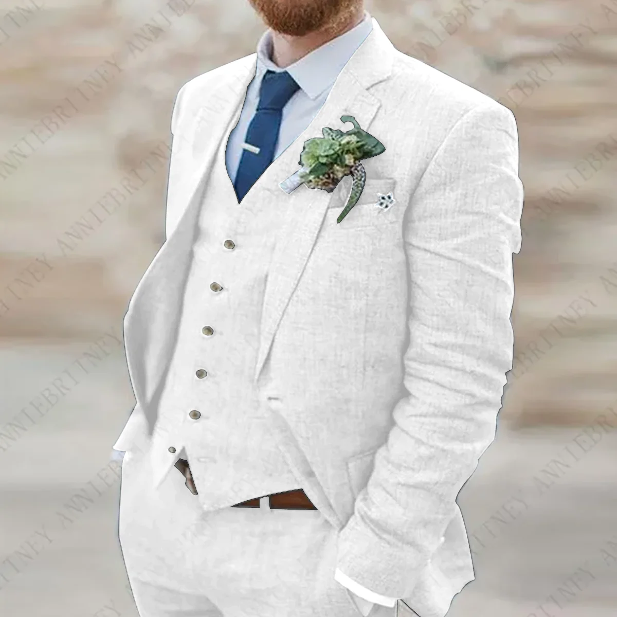Linen Wedding 3 piece Suits for Men ، Summer Slim Fit Solid Tuxedo Blazers Trajes Para Hombre Costumes Homme Custom Man's Suit