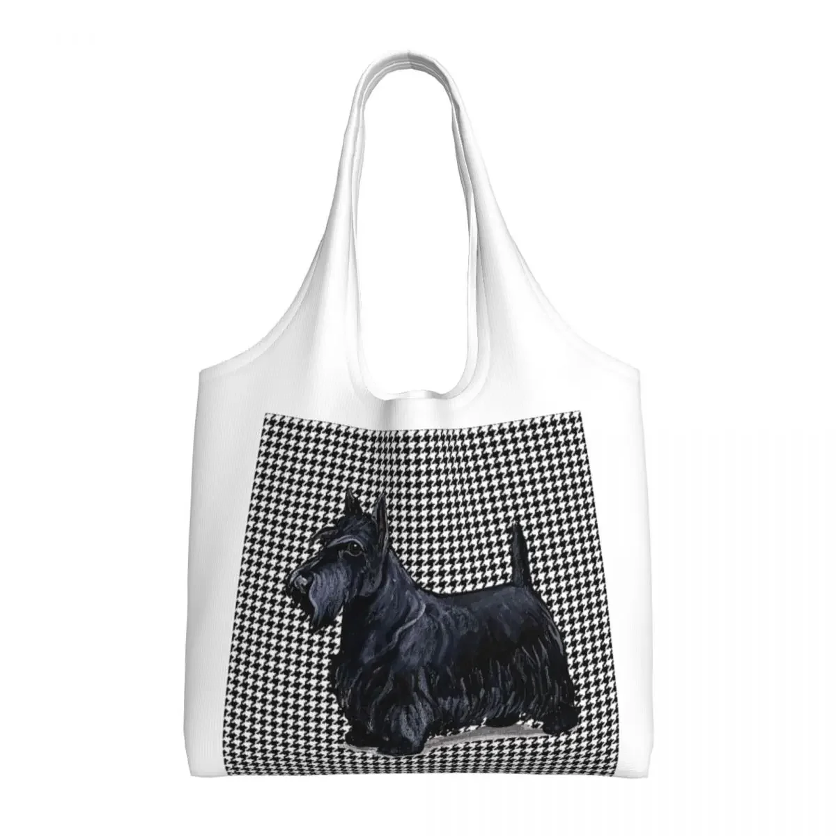 Scottish Terrier Houndstooth Shopping Bag Women Shoulder Canvas Tote Bag Durable Pet Scottie Dog Groceries Shopper Bags Handbags