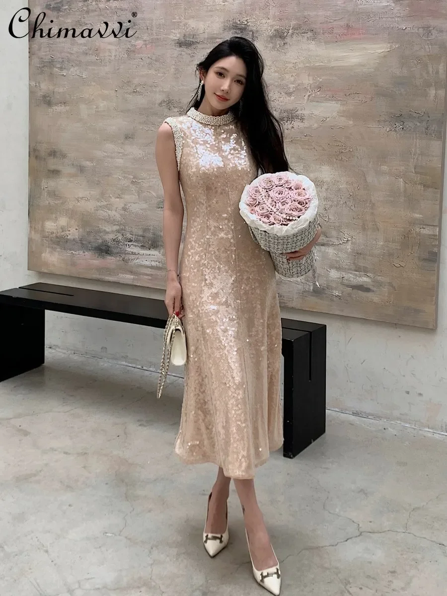 Sexy Girl Apricot Mesh Sequin Embroidered Pearl Decorative Dress French Luxury High-end Elegant Slim Women's Party Dresses