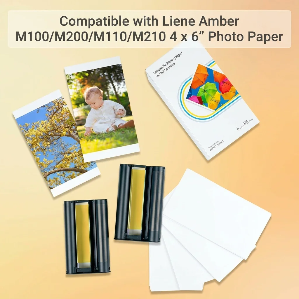 

6 Inch Glossy Photo Paper&LP-80IN Ink Cartridge Compatible for Liene Amber M100 M200 M110 M210 Photo Printer Refill Accessories