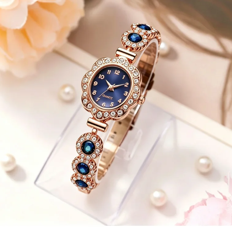 Sparkling Crystal Bracelet Quartz Watch Rose‑gold Flower Bezel Multicolor Dial Elegant Ladies Wristwatch for Gift