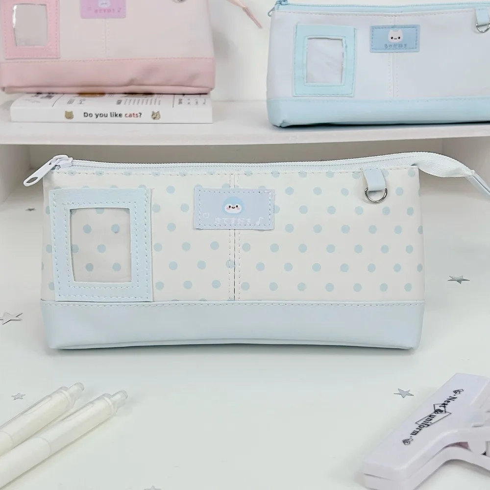 Cute PU Leather Pencil Case Polka Dot Star Print Large Capacity Pencil Pouch Waterproof Stationery Organizer Students