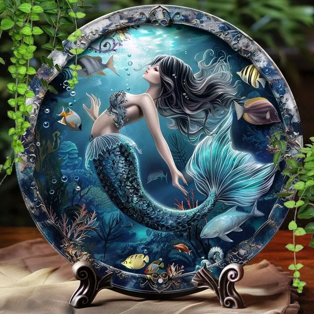 Mermaid Tail Wall Art 8 Inch Round Metal Plaque, Under The Sea Themed Home Decor, Fantasy Aluminum Sign