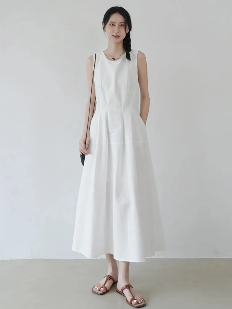 Simple Vintage White Dress Women Casual O Neck Sleeveless Retro Long Dress Korean Summer Female Pockets Loose Tanks Dress