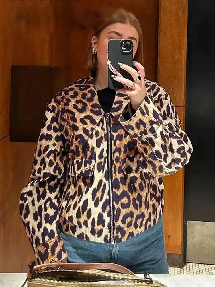 

Винтажная женская куртка с леопардовым принтом, короткое пальто на молнии с длинными рукавами и лацканами, весна 2021, шикарная свободная женская верхняя одежда, уличная одежда