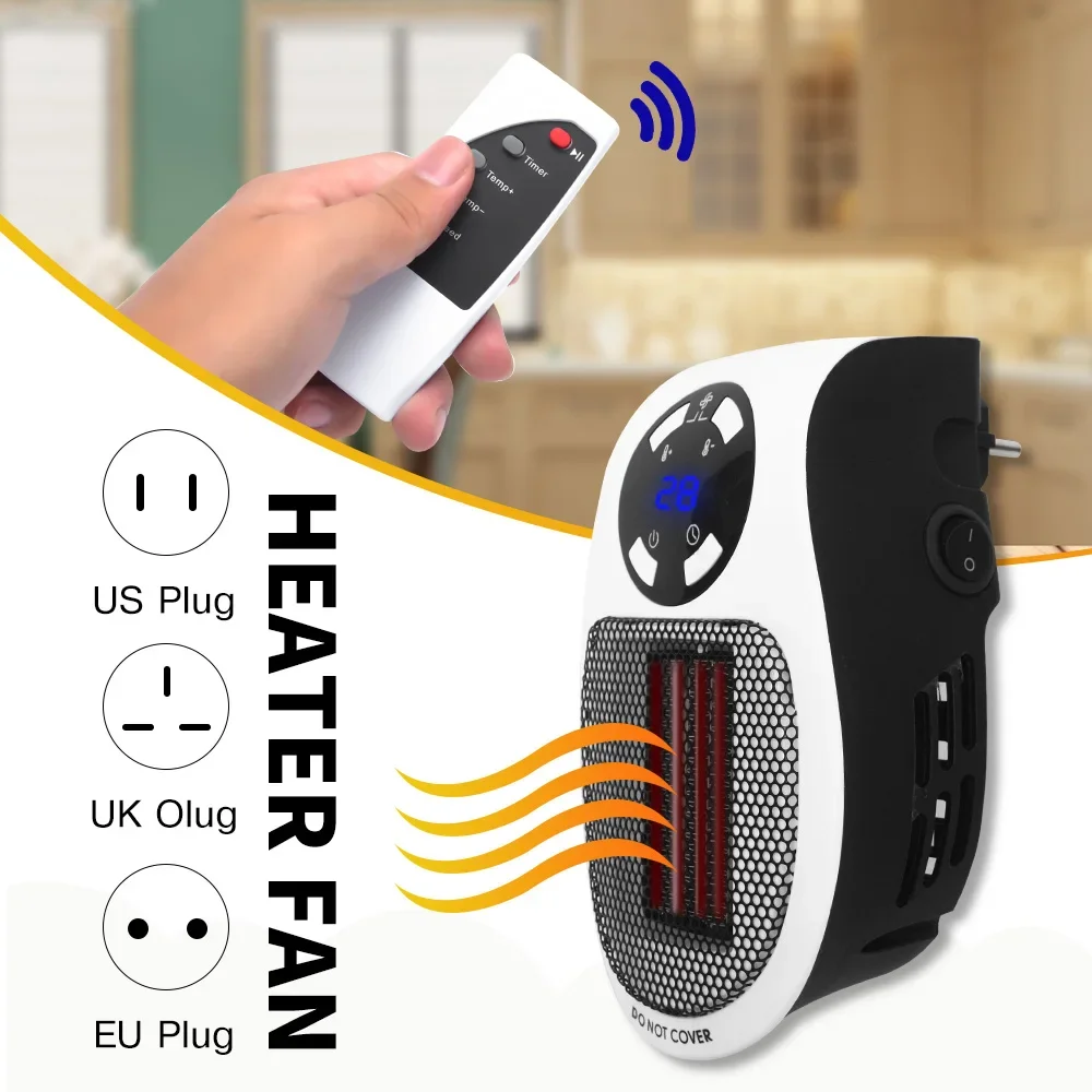 Portable Electric Heater 500W Wall Plug-in Room Radiator Remote Warmer