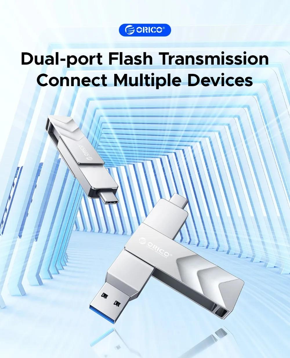 ORICO Dual-port Flash Drive 2-in-1 USB C/A 3.2 Gen2 Flash Drive Speed Up To 10Gbps 1073MB/s for IPhone 15/Android/Tablet/Laptop