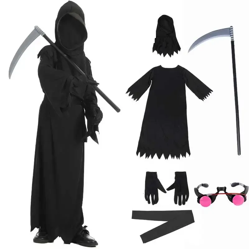 Urso den crianças grim reaper brilhante olhos vermelhos criança vampiro foice e máscara halloween horr traje novo 2025