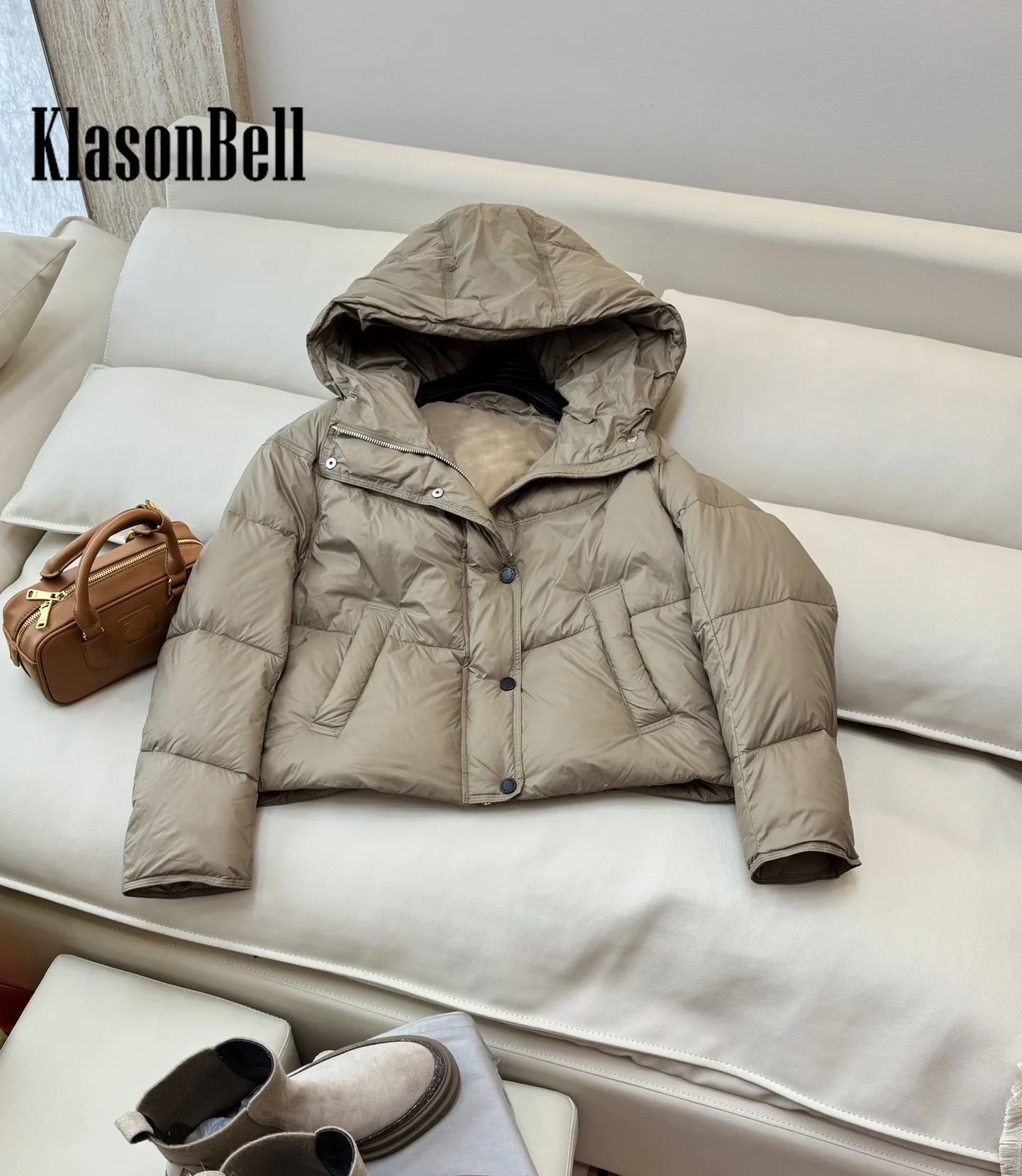 8.28 KlasonBell-Women Fashion Hooded White Goose Down Short Jacket Adjustable Drawstring Design Loose All-matches Down Coat