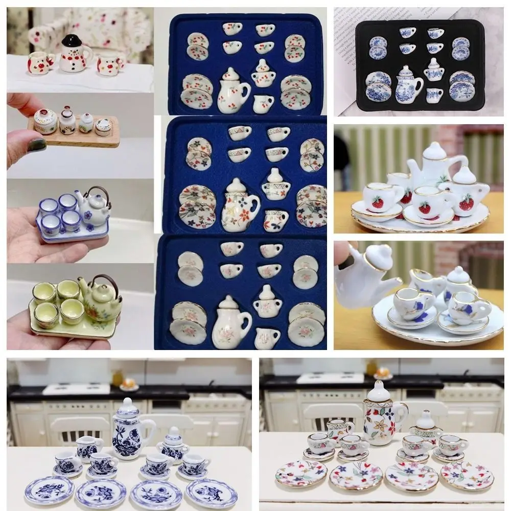 15Pcs Ceramic 1:12 Miniature Porcelain Tea Cup Set Miniature Porcelain Blue Printing Tea Cup Tableware Kitchen Dollhouse Teapot