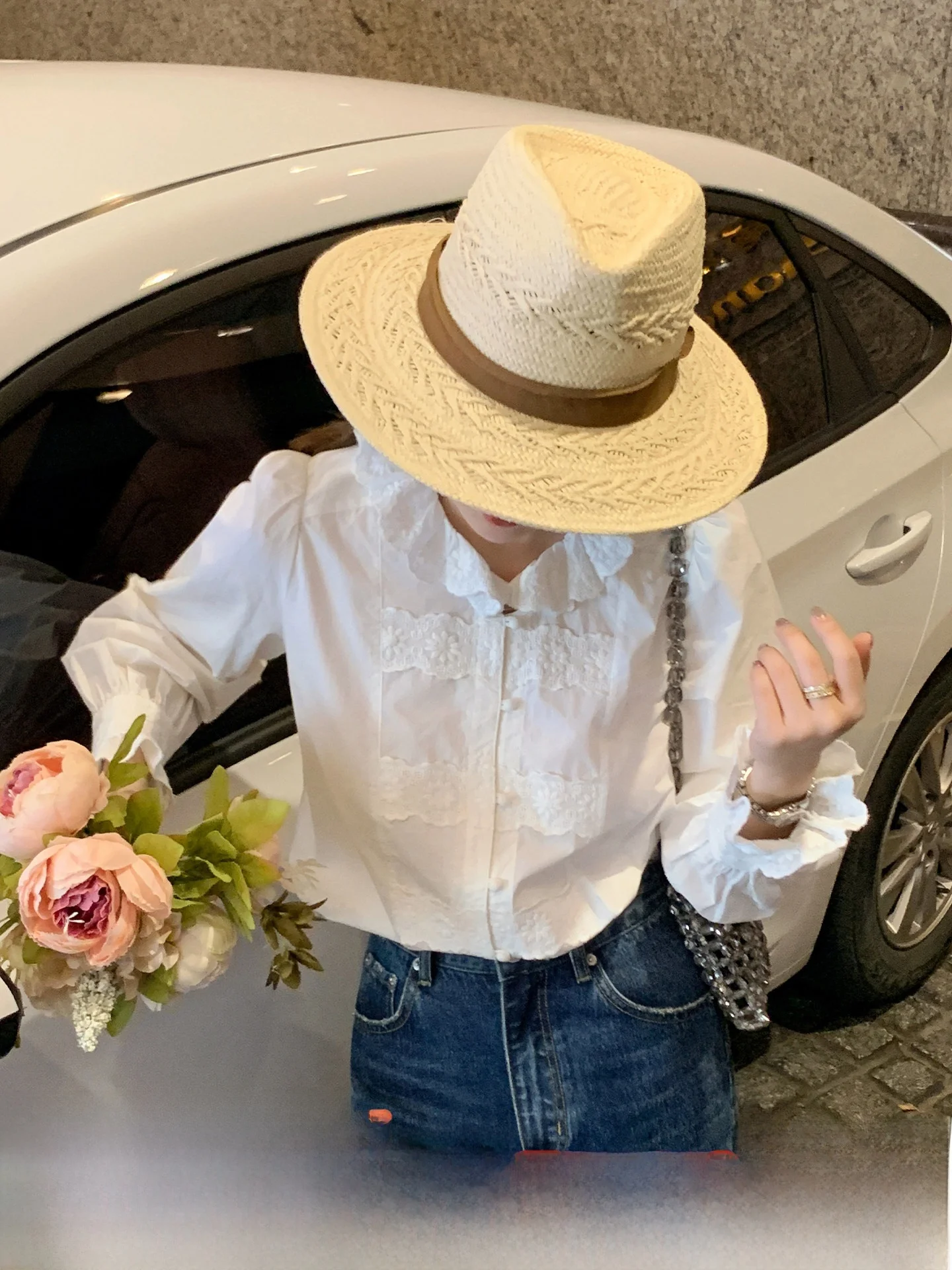 

Ribelin Sisy Lace Top Cotton Embroidery Wood ain Bubble Sve Women's Casual Faion Korean Sle Long Sve irt