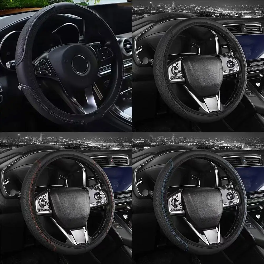 37/38cm Car Universal Steering Wheel Fiber Leather Cover Non-slip Printing Business Leather Steering Wheel Elastic Cover