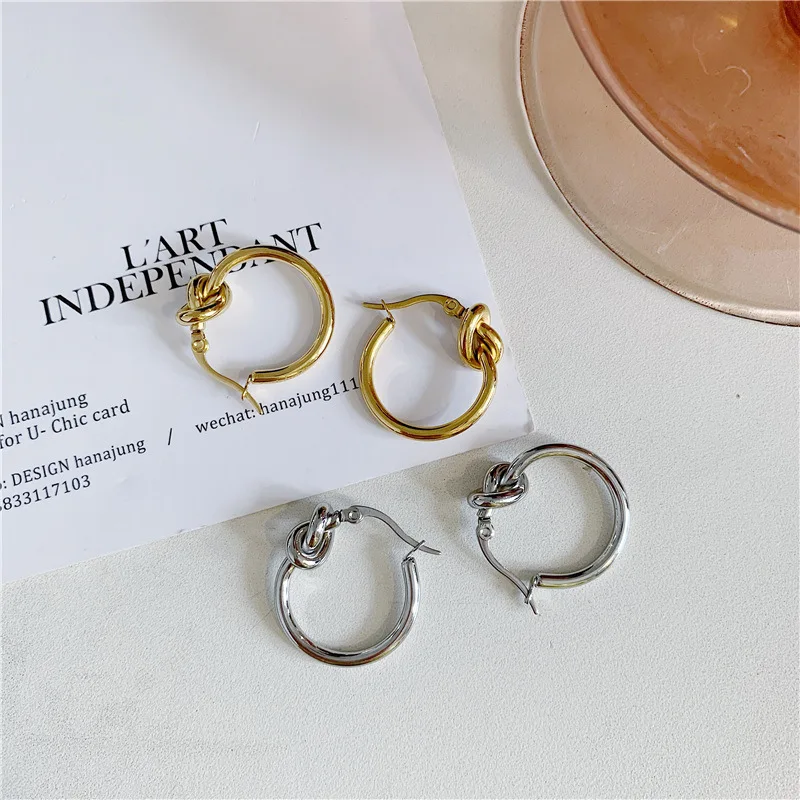 Gold Color Stainless Steel Earrings for Women Trendy Simple Twist Knotted Circle Hoop Earring Punk Hip Hop Jewelry Accessories