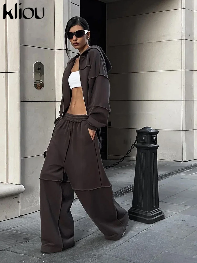 kliou Casual Fall Women 2 Piece Set Classic Solid Sporty Basic Zip-up Hood Coats+Straight Loose Pants Female Matching Tracksuits