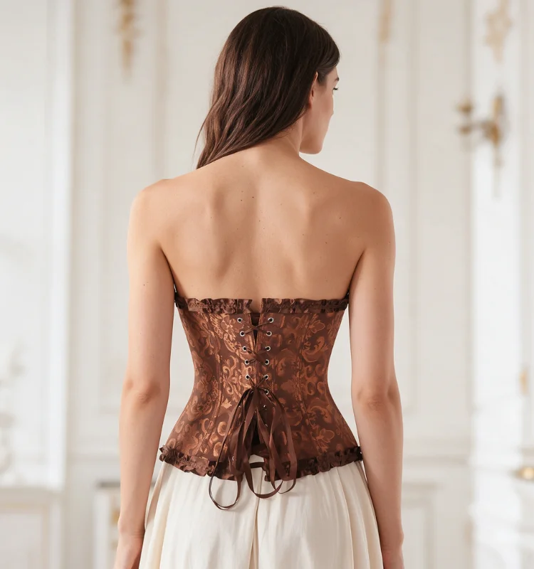 Damen-Overbust-Korsett, Vintage-Jacquard, Rüschen, Schleife vorne, Busk hinten, Schnürung, Taillenformer, Freizeit-, Party- und Alltagskleidung – Detail 10