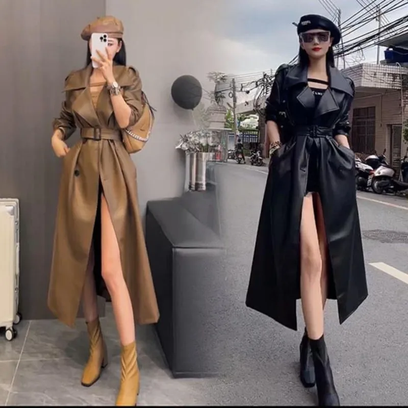 Autumn Elegant Belted Trench Coats Women PU Leather Jacket Long Windbreaker Vintage Waterproof Jackets Spring Fashion Outerwear