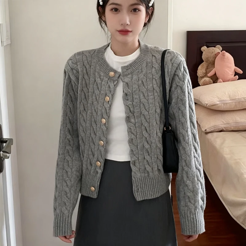 

New O Neck Cardigan Long Sleeve Sweater Women Korean Style Casual Knitted Fashion Gray Short Coat Ladies Buttons Elegant Clothes