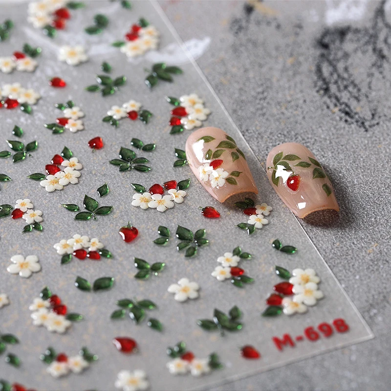 Delicate Chic 5D Nail Sticker White Flower Jelly Green Leaves Red Fruits Lily Gardenia Self Adhesive Nail Slider Manicure Design