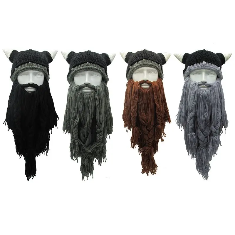 Knitted Viking Beard Horn Hat Adult Crazy Funny Halloween Cosplay Ski Mask Barbarian Vagabond Vintage Winter Beanie Cap