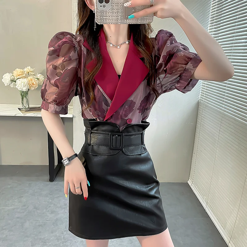 Women Vintage Korean Fashion Notched Collar Print Shirts Office Lady Elegant Commute Blouses Female Chic Short Sleeve Loose Tops