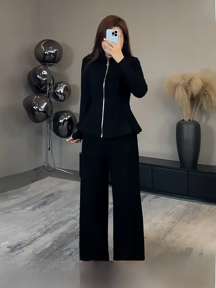 

Комплект для похудения больших размеров: корейский стиль, высокая талия, длинные брюки, модный осенний наряд с длинными рукавами и застежкой-молнией для женщин