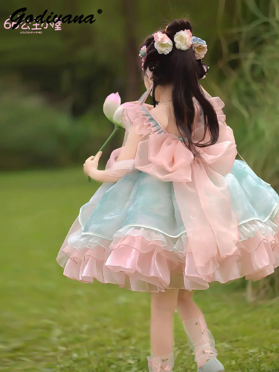 Sweet Baby Girls New Chinese Lolita Princess Dress New 2026 Summer Kids Fashion Tulle High Waist Feifei Sleeve Party Ball Gown