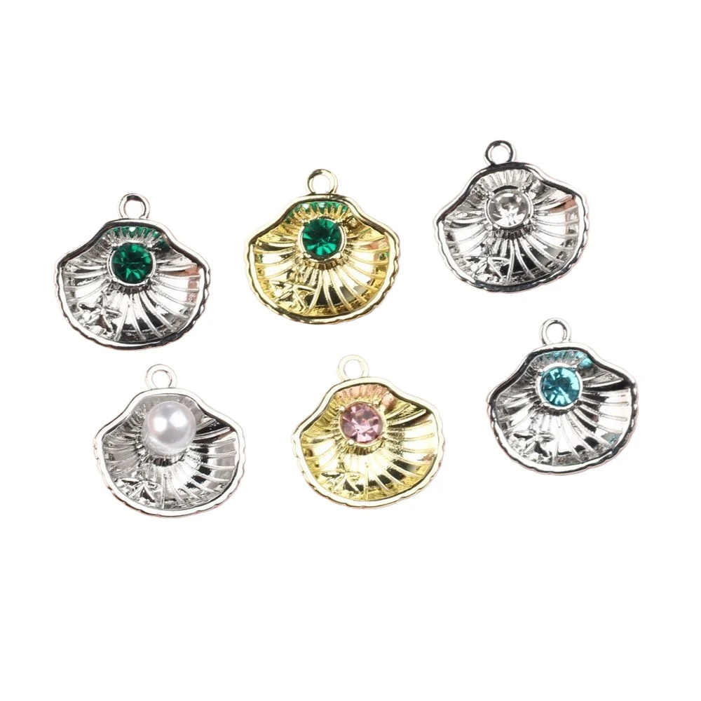 6pcs/lot 14*14MM Zinc Alloy Pearl Rhinestone Inlaid Pearl Mussel Pendant Charms DIY Necklace Bracelet Earrings Accessorie