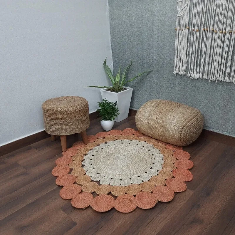 

Natural Jute Rug Handmade Weave Round Hemp Carpet Area Rug