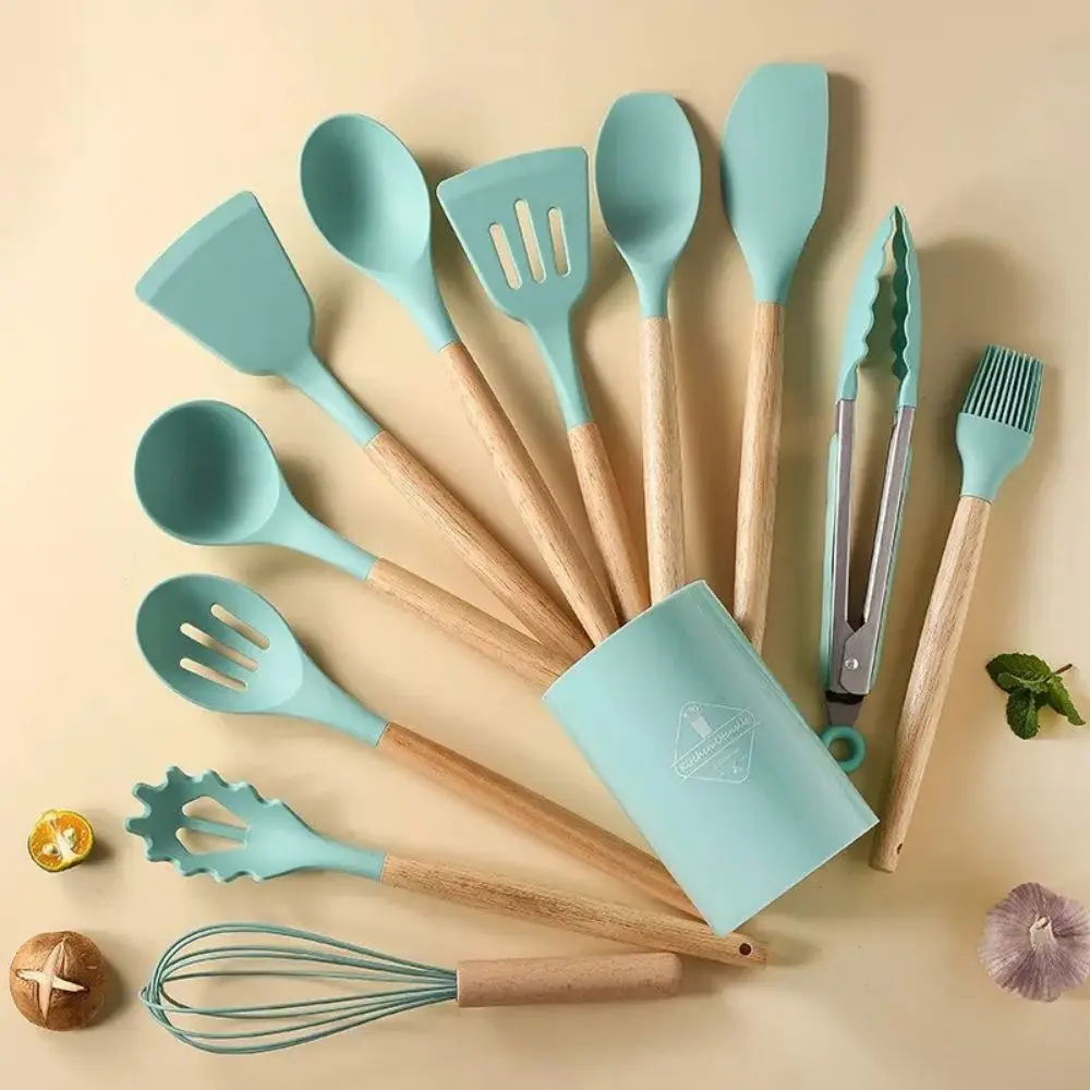 Silicone Kitchenware Set Wooden Handle Kitchenware 12 Piece Set Household Spatula Spoon Baking Spatula Set