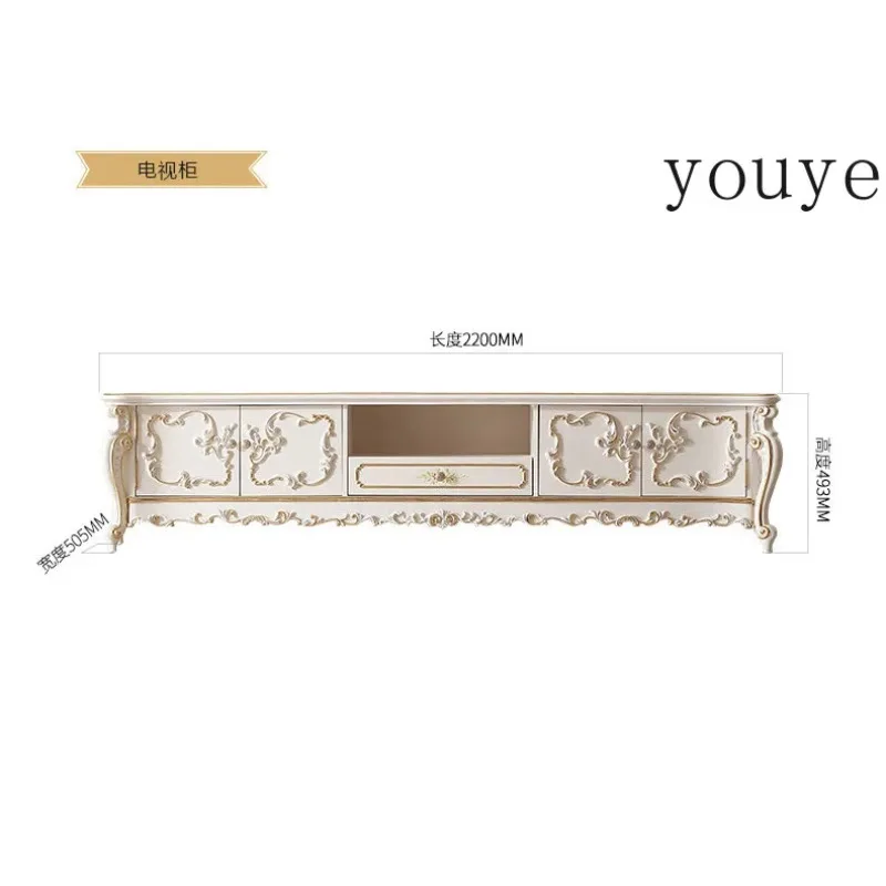 X3 French Court Solid Wood Carving Flower TV Cabinet Villa High-end Living Room Floor Cabinet European Painted Gold TV Cabinet