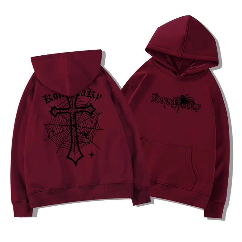European American High Street Spider Cross Autumn Winter Fleece Warm Hooded Sweatshirt Casual Adult Men Versatile Soft Daily Use