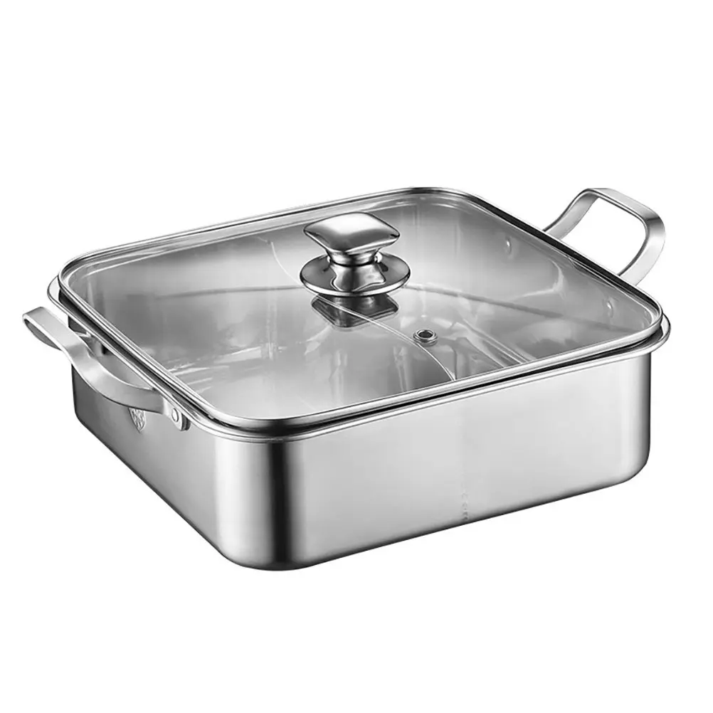 Stainless Steel Divided Hot Pot with Glass Lid Dual Flavor Soup Cooker for Family Gatherings and Restaurants Two-in-One Shabu