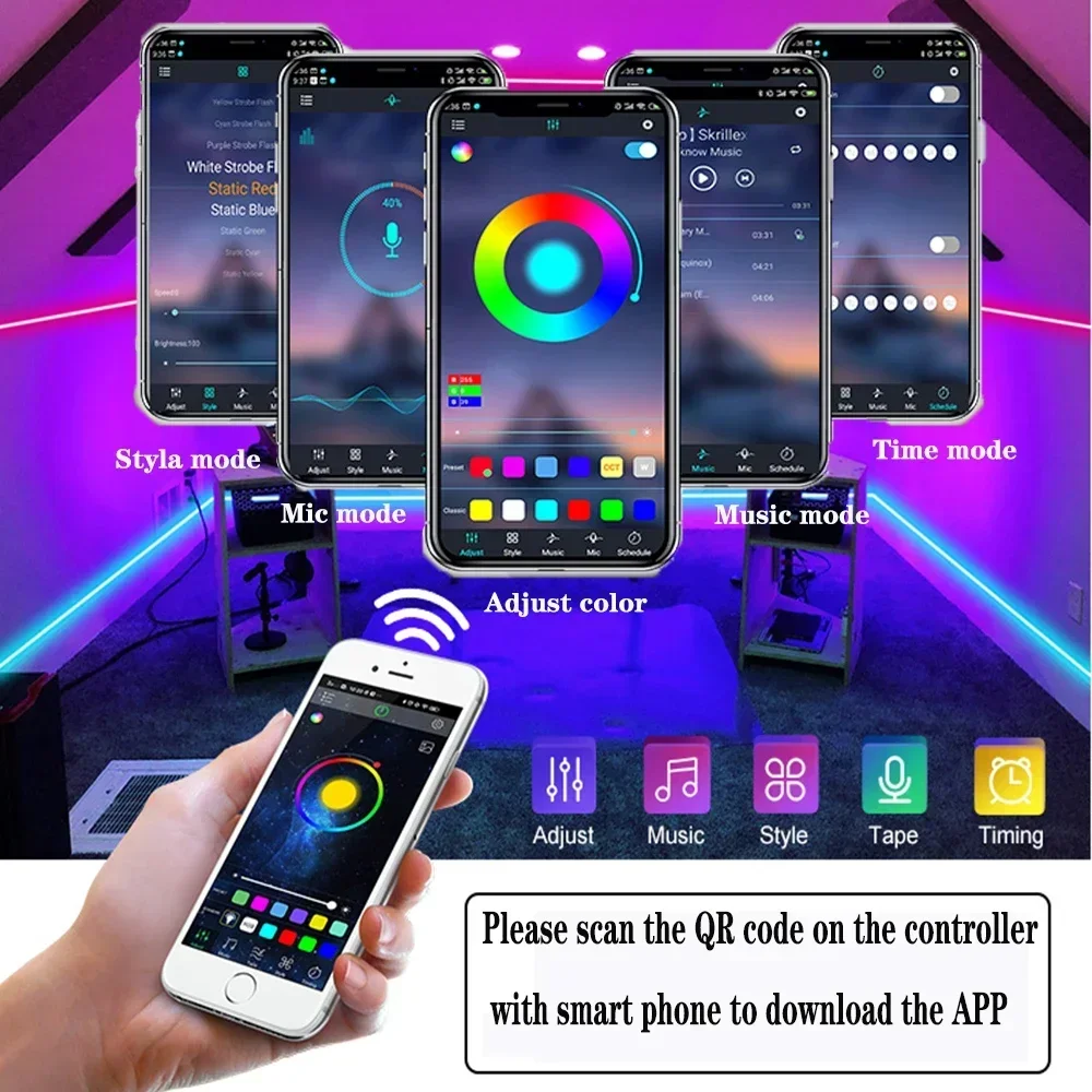 1-15m RGB LED Strip Lights Bluetooth App Remote Control 5V USB Music Sync Party Atmosphere TV Backlight for Christmas Home Decor