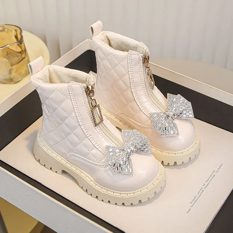 

2026 Winter New Girls Fleece Lined Leather Short Boots Warm Toddler Princess Style Boots for Children