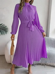 Elegant Stand Collar Full Sleeve Closed Waist Pleated Dress Women Autumn Winter Long Dress
