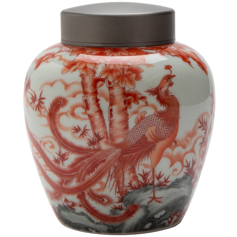 Alloy Sealed Ceramic Jar Red Phoenix Pattern Porcelain Large Capacity Coffee Bean Tea Storage Box Crafts Gift