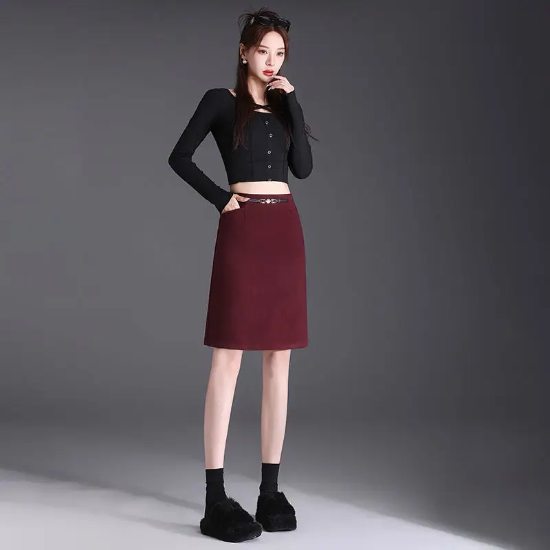 

Шерстяная юбка, осенне-зимняя новая прямая юбка трапециевидной формы средней длины с высокой талией и эластичной резинкой на талии