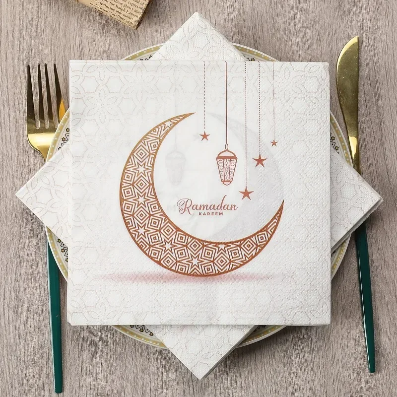 10/20pcs 33cm 2-Ply Golden Moon Printed Napkins Ramadan Festival Decorative Paper Butterfly Bone Bart Paper Wine Glass Flower