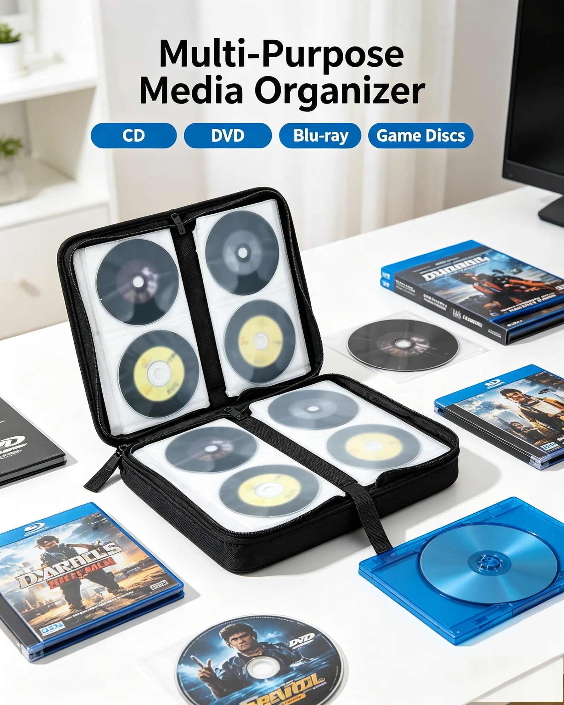 80 Discs PU Leather CD DVD Storage Wallet, Waterproof Dustproof Car Zipper Disc Album for Game Blu‑Ray Discs