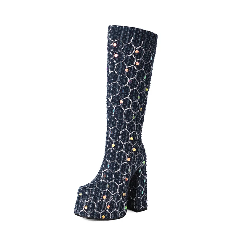 2024 Women Knee High Boots Platform Square High Heel Ladies Calf Boots Denim Round Toe Fashion Party Women\'s Boots Plus Size 43