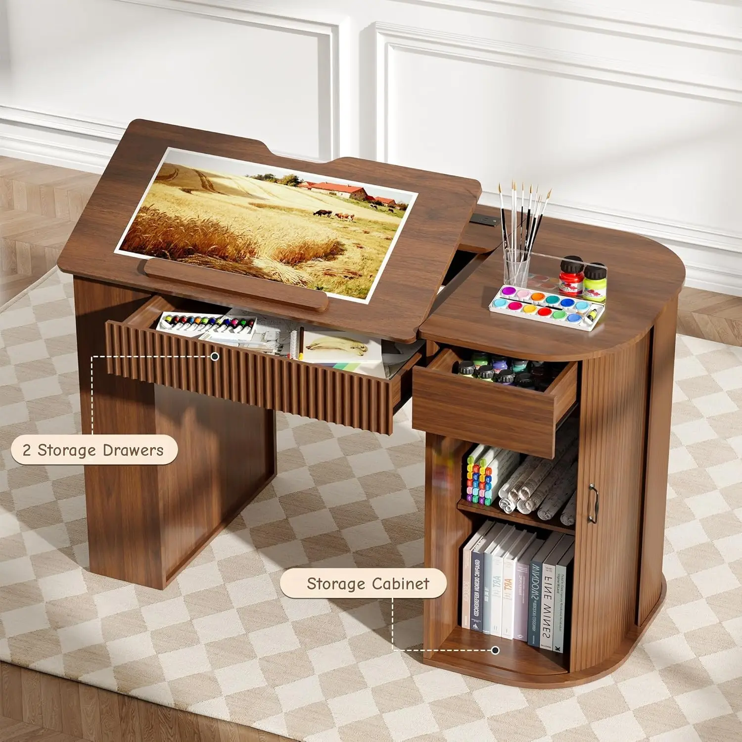 Drafting Table with Storage Cabinet & Drawers, Adjustable Drawing Table with Open Shelves, Crafting Table Art Desk, Customized view 3