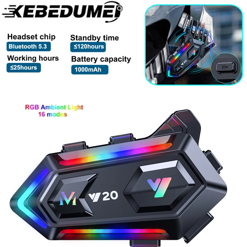 Kebidumei Y20 Motorcycle Helmet Headset Bluetooth 5.3 Voice Contro Motorcycle RGB Colorful Lights Headset Waterproof For Moto