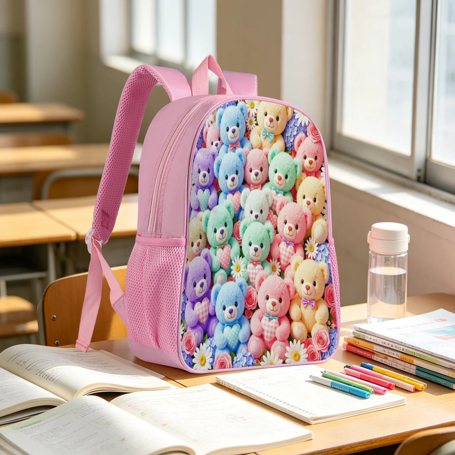 Sweet Pink Bear Backpack Lightweight School Bookbag with Plush Flower Heart Pastel Print Adjustable Padded Straps