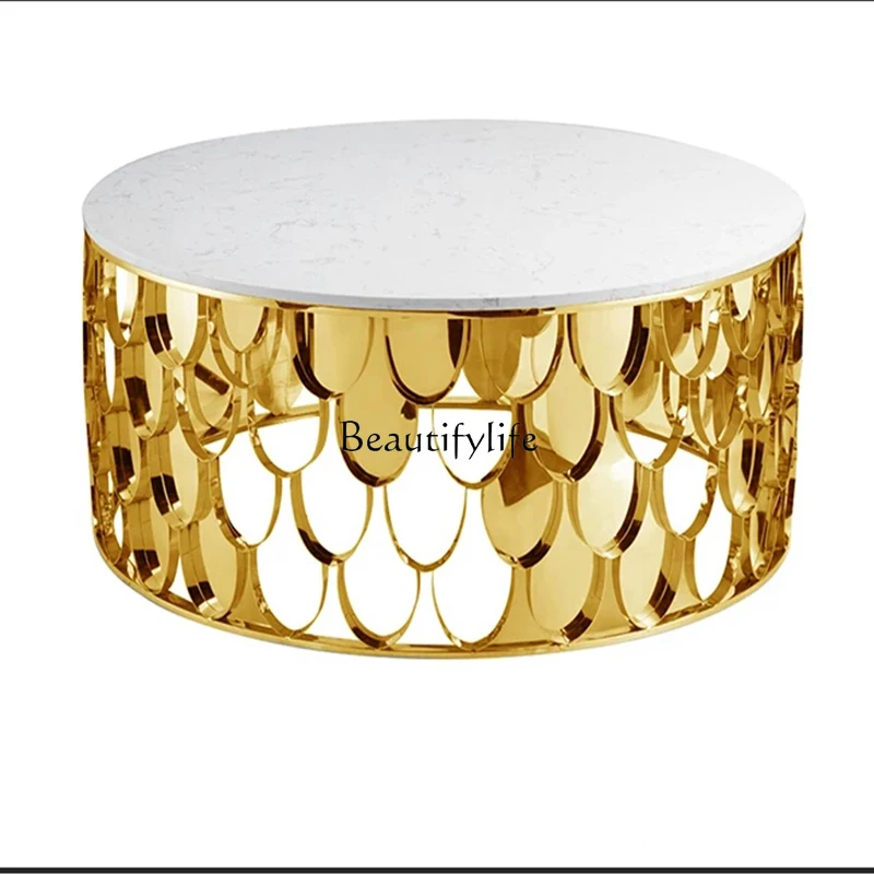

Modern marble coffee table stainless steel round simple sofa edge table