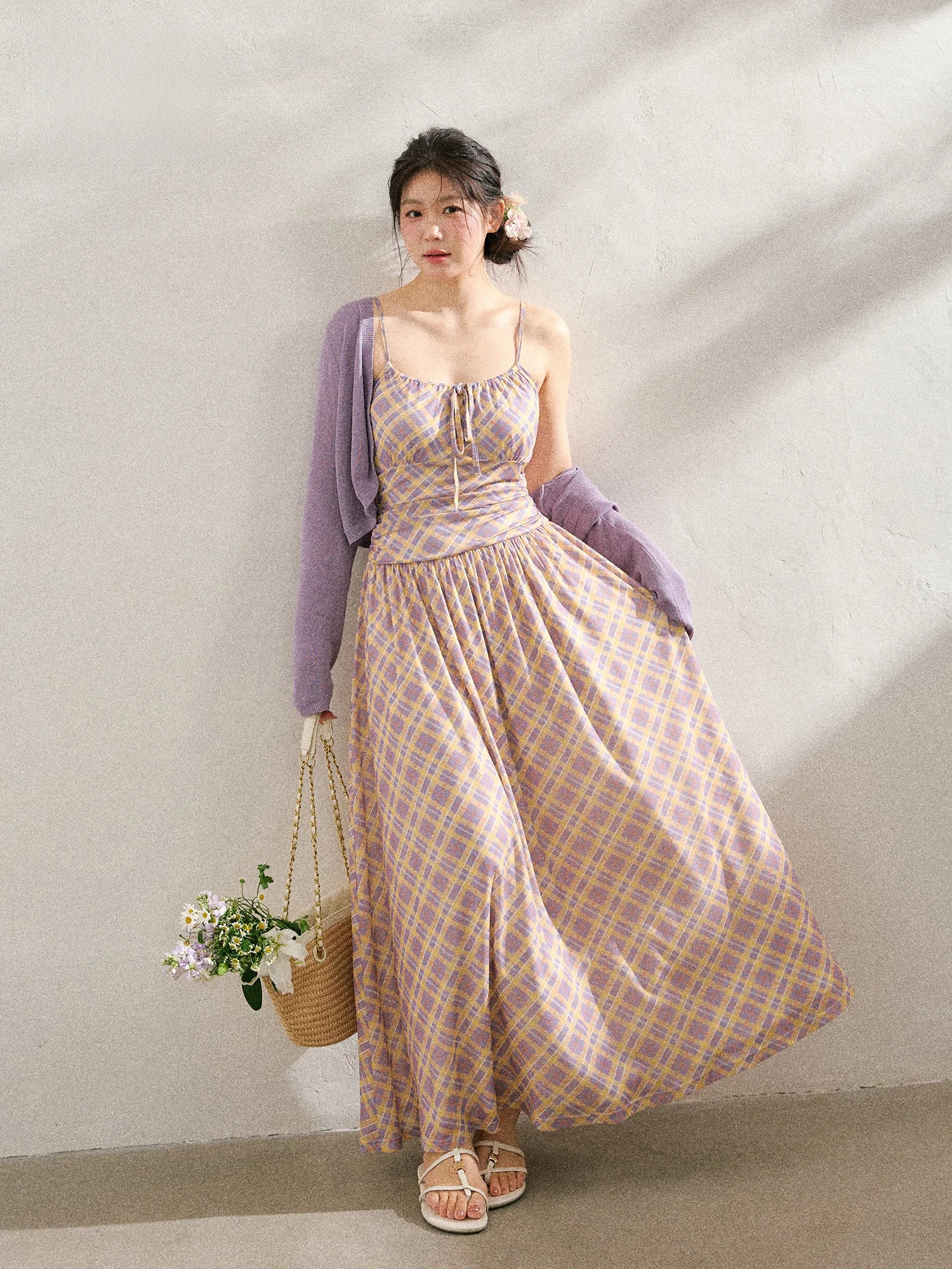 

Zhang Da plus Size Women's Short Sleeve Long Dress Sister's Style Checkered Tube Top Cardigan Purple Tone Summer Casual Dress