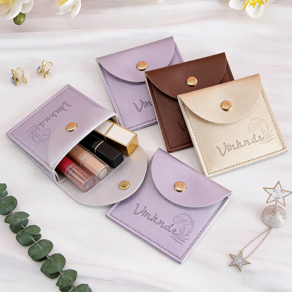 

50Pcs Personalized PU Leather Gift Bag Snap Button Pouch Custom Logo Jewelry Packaging Small Ring Earrings Watch Storage Case