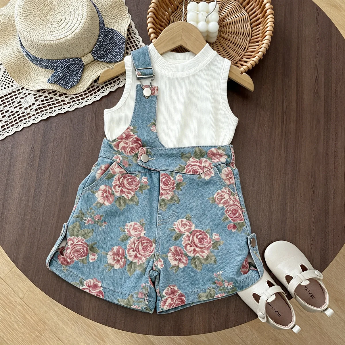 Girls Summer New Sleeveless Top Print Flower Elegant Stylish Denim Shorts Two Piece Set Baby Girl Fashion Set