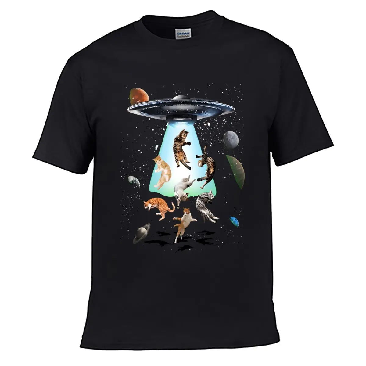 UFO Cat Abduction Space Cats Planet Street Distressed Washed Loose Simple Tee